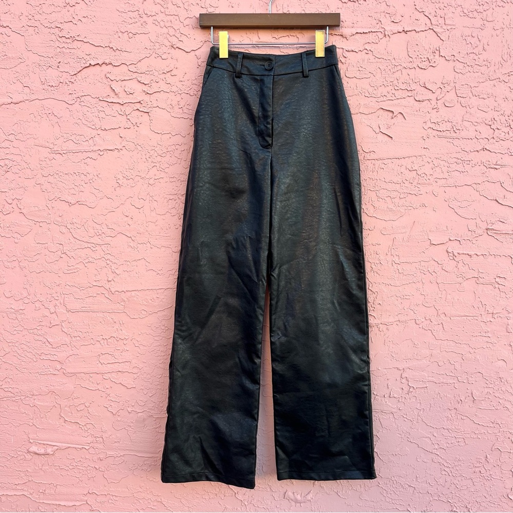 Princess Polly Black Faux Leather High Waist Wide Leg Flare Pants Size 4